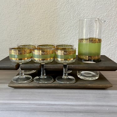 Vintage Culver Mid-Century Modern Starlyte Barware Set in Green With 22k Gold Trim with wood caddy 