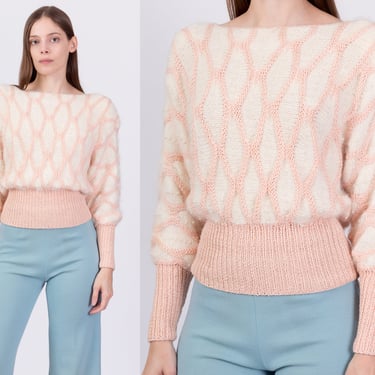 80s Pink & White Angora Puff Sleeve Cropped Sweater - Small | Vintage Nannell Knit Beaded Girly Pullover 