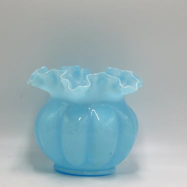 vintage Fenton blue melon glass vase with ruffled edge 