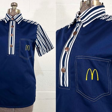 Vintage McDonald’s Uniform Polo Shirt 1976 Crest 1970s Navy Blue White Fast Food Restaurant Dead Stock NOS Deadstock 70s Medium Small 