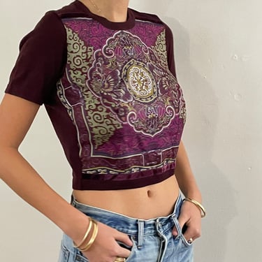 90s Etro cropped sweater / vintage Etro baroque silk scarf panel front merino wool short sleeve crop top sweater | Small 
