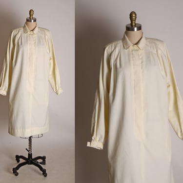 1970s Cream Long Sleeve Button Up Bodice Sheath Dress -L 