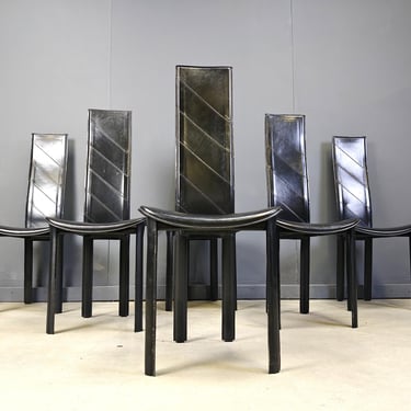 Vintage black leather high back dining chairs, set of 6, 1980s - vintage italian dining chairs - postmodern dining chairs 