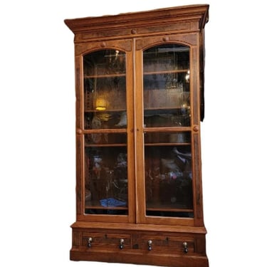 Antique Victorian Eastlake Walnut Library Cabinet with 2 Glass Panel Doors and 2 Drawers