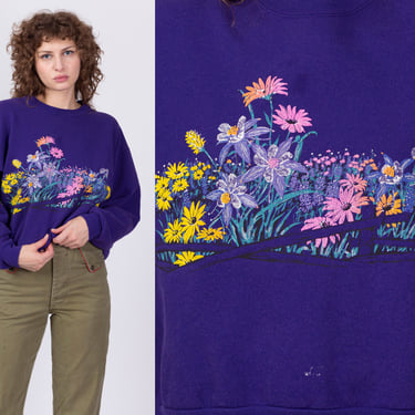 Large 80s Purple Floral Sweatshirt Large | Vintage Crewneck Long Sleeve Pullover 