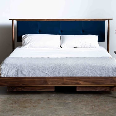 Mid Century Modern Upholstered Bed Frame / Storage Bed Optional / Pendleton Wool Headboard / Platform Storage Bed 
