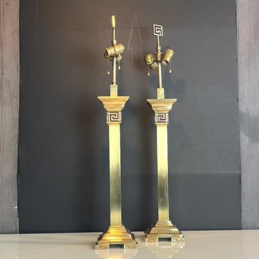 Pair of tall Vintage Art Deco, Greek key lamps in brass 
