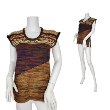 1970's Acrylic Knit Woven Brown Space Dye Sleeveless Tunic Sweater I Sz Sm I Pullover Sweater 