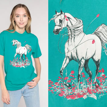 Glitter Horse Shirt 90s Sparkly Floral Illustration Graphic Tee Animal T-Shirt Retro Artsy Teal Green Single Stitch 1990s Vintage Small S 