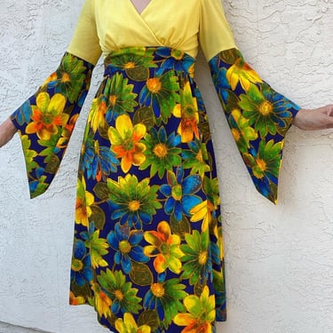 1960s neon yellow blue and green floral dress with angel sleeves by I. magnin 
