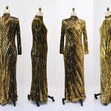 80s 90s Vintage Black Gold Beaded Sequin Gown Dress Bob Mackie Gold Black Tiger Stripe Long Sleeve Sequin Pageant Dress Cher Medium Large 