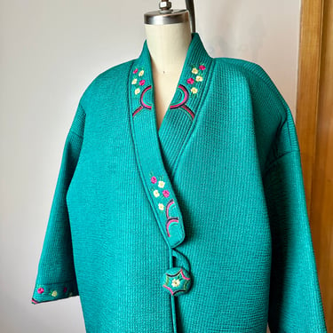 Vtg jewel green with magenta pink puffy jacket~ Asian robe decorative oversized 1980’s colorful size Medium 