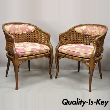 Pair Vtg Hollywood Regency Faux Bamboo Cane Barrel Back Club Lounge Chairs (A)