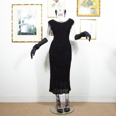 Vintage 1960s Hand-Crocheted Black Beaded Wiggle Dress Elegant Mid-Century Sleeveless Size M UK 12 