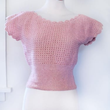1930s, 1940s Crochet Knit Top Blouse Sweater PINK Silver Sparkles Vintage Art Deco 