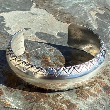 Mary Rita Padilla ~ Vintage Native American Sterling Silver Domed Cuff Bracelet with Stamping Stamp Work Around Edges 
