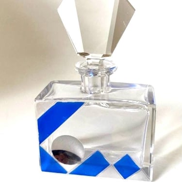 Antique Art Deco 1930s Blue & Silver Enamelled Glass Geometric perfume scent Bottle modernist by BakeliteBa