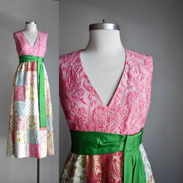 Vintage Pink Brocade Formal Maxi Gown 