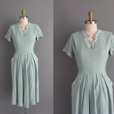 1940s vintage dress | Mint Daisy Chain Rhinestone Cotton Dress | Small | 40s dress 
