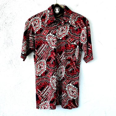 Vintage 70s Hippie Paisley Mens Shirt Red Black Bright Hawaiian 1970s Graphic Collared Top 