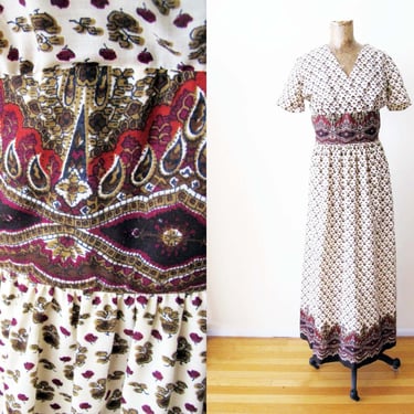 Vintage 70s Indian Block Print Maxi Dress S M - 1970s Brown Burgundy Red Long Empire Waist Indian Print Cotton Sundress - Bohemian Style 