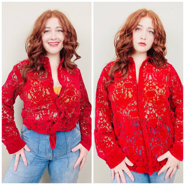 1990s Vintage DKNY Red Velvet Lace Look Blouse / 90s / Nineties Laser Cut Floral Long Sleeve Button Up Shirt / Size Large 