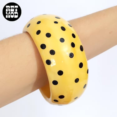 Chunky Vintage 80s 90s Camel Yellow Black Polka Dot Wood Statement Lacquered Bangle Bracelet 