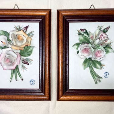 8”x6” Framed, Pair of Italian Capodimonte Flower bouquets~ framed 3-D Cold Press flowers ~ beautifully painted porcelain~ Made in  Italy 