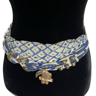 Vintage Tropical Wrap Belt, Blue Geometrical Pattern Belt, Wide Fabric Belt, Vintage Gold Bird and Bead Belt, Statement Belt, Pirate Belt 