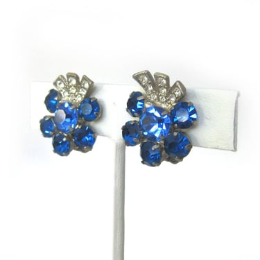 Vintage 50s Sparkling Bright Blue Rhinestone Earrings Glamour Girl Clip On Earrings with Clear Rhinestone in a Sliver Setting 
