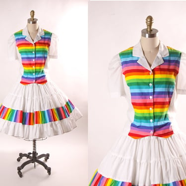 1980s White and Rainbow Print Short Sleeve Button Up Blouse with Matching Square Dance Skirt Two Piece Outfit -L 