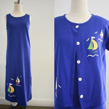 1990s Sailboat Applique Blue Knit Tank Dress and Jacket 