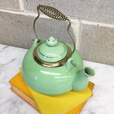 Vintage Teapot Retro 1960s Redware Pottery + Mid Century Modern + Ceramic + Mint Green + Metal Handle + Servingware + Home and Kitchen Decor 