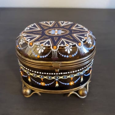 Antique Moser Bohemian Enameled Art Glass Hinged Lid Oval Box Jewel Casket, Signed. 19th Century 