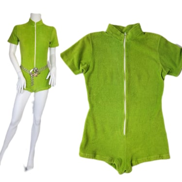 1970's Lime Green Terry Cloth One Piece Romper Shorts I Sz Sm 