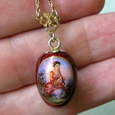 Antique Sterling Enamel Egg Pendant, 1900's Silver Enamel Egg Pendant, Sterling and Red Guilloche Hand Painted Enamel Egg Charm (#4638) 