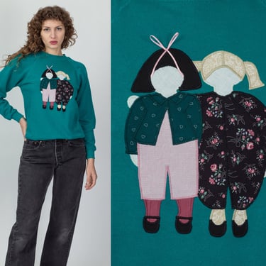 90s Patchwork Children Graphic Sweatshirt - Medium | Vintage Teal Raglan Sleeve Pullover 