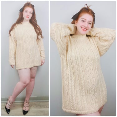 1980s Vintage American Weekend Buttercream Acrylic Dress / 80s / Eighties Cable Knit Cream Relaxed Fit Sweater / Size Large - XXL 