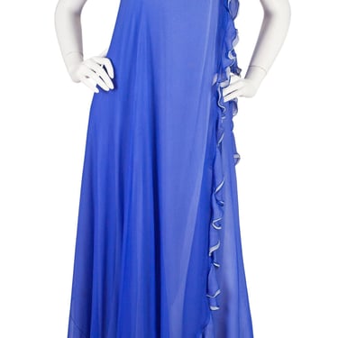 Valentino 1980s Vintage Blue Silk Chiffon Draped Strapless Dress 