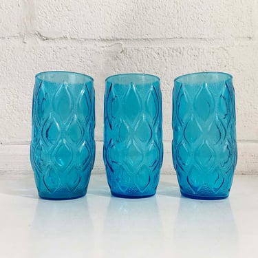 Vintage Aqua Blue Glasses Teal Water Glass Mid-Century Glassware Set of 3 Serving Anchor Hocking Diamond Madrid Pattern 1970s 