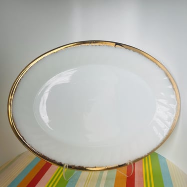 Vintage Serving Platter Anchor Hocking Fire King 22K Gold Trimmed Anchorwhite Swirl Pattern 12 Inch by 9 Inch 