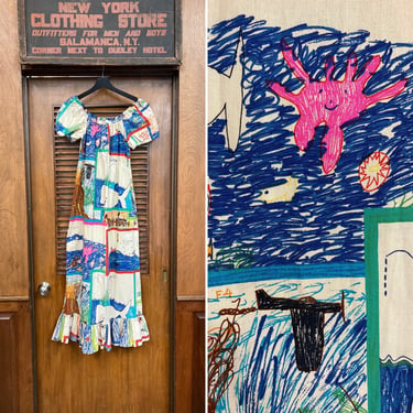 Vintage 1970’s Cartoon School Kid Artwork Print Hippie Boho Pop Art Dress, 1970’s Maxi Dress, Scribble Artwork, Pop Art Dress, Boho, Hippie, 