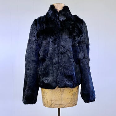 Vintage 1980s Black Rabbit Fur Coat, Wilson's Zippered Fur Jacket, Mob Wife Style, Small to Medium, VFG 