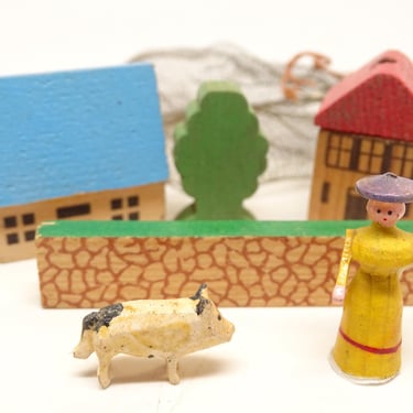 German Erzgebirge Wooden Toy Christmas Village, Original Tag, Germany Wire Mesh Bag with Tree, Fence, 2 Houses, Woman & Pig 