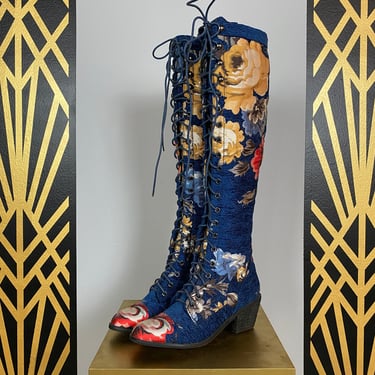 Jeffrey Campbell boots, knee high, blue floral, brocade, vintage boots, lace up, granny style, cottagecore, size 7 1/2, free people, combat 