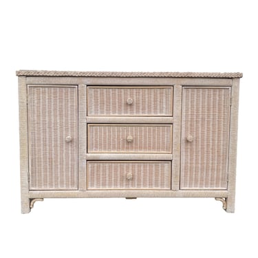 Vintage Henry Link Wicker Sideboard with 3 Drawers - White Wash Wood Hollywood Regency Coastal Rattan Buffet Cabinet or Credenza 