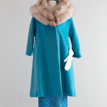Fabulous 1960's Lilli Ann "Tiffany Blue" Fox Fur Swing Coat / Medium