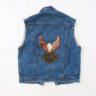 Vintage 70s Harley Davidson sequin egale denim jean vest M 