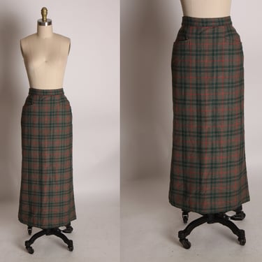 1960s Green, Red and Gray Plaid Kick Pleat Pencil Skirt -M 