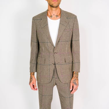 Vintage 80s Ralph Lauren Polo Brown Tweed Houndstooth Suit | Made in USA | 100% Wool | 1980s POLO Designer Tailored, Pleated Mens Wool Suit 